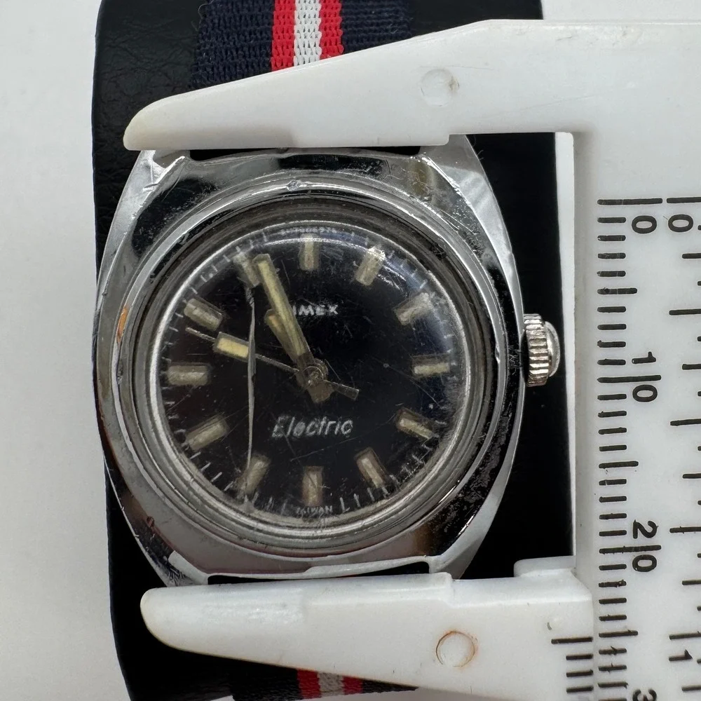 Vintage Timex Electric Watch Black Dial Silver Case Striped Nylon Strap Untested